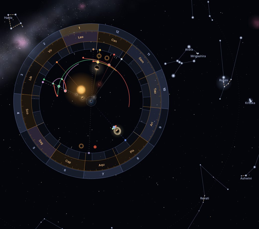The 3D sky view: planets on their orbits inside the zodiac and nakshatr rings